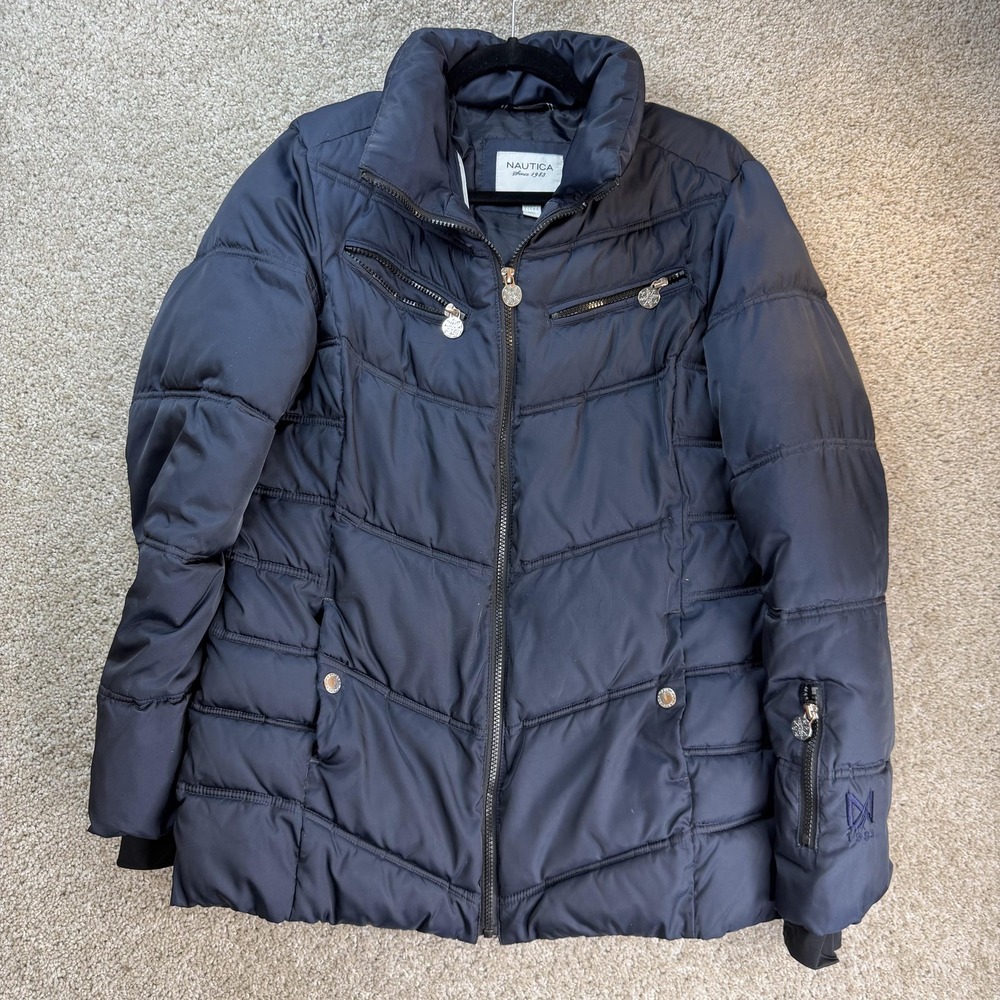 Nautica Jacket Womens Large Blue Microfiber Puffer Full Zip Collared Pockets